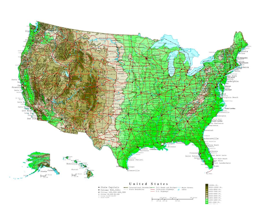 Large detailed elevation map of the United States with roads and cities